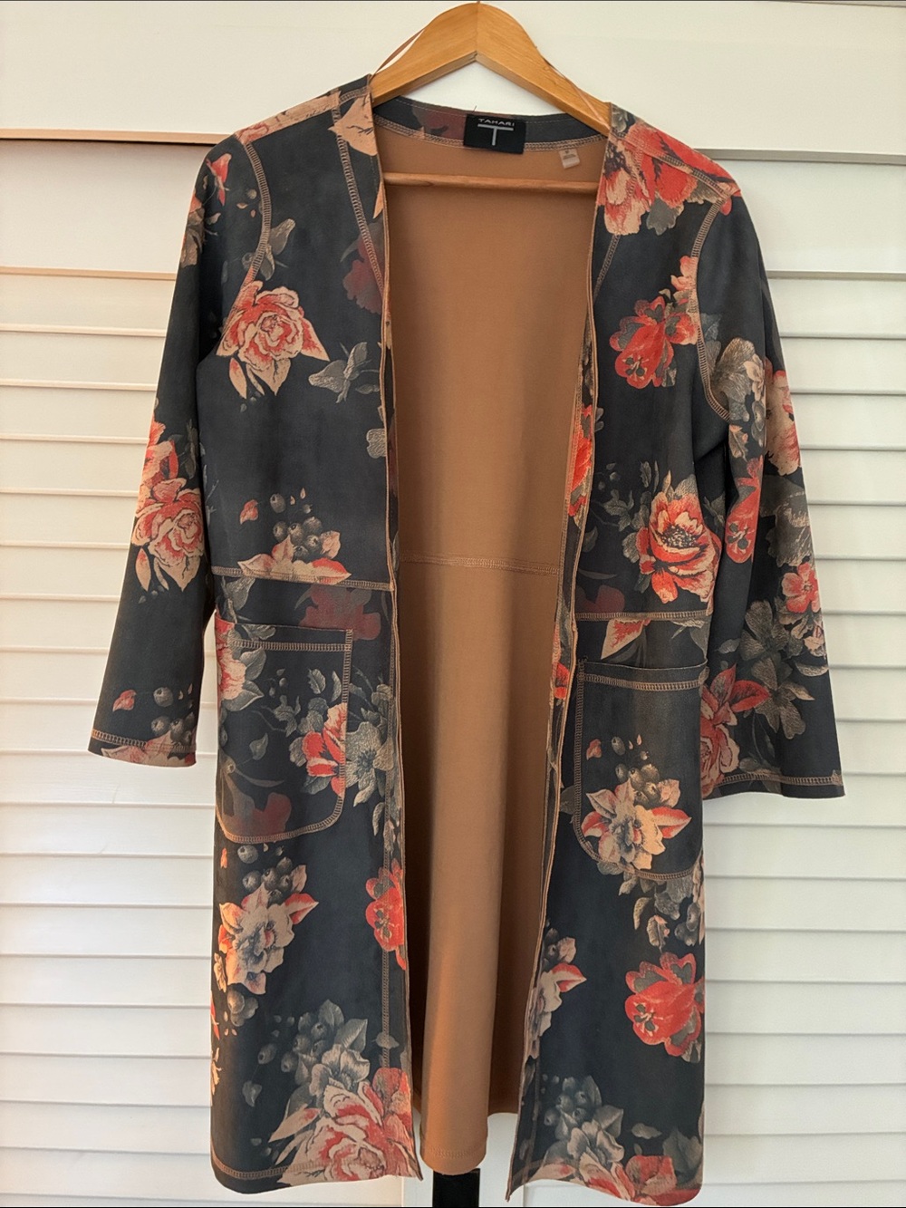 Tahari Black Floral Open-Front Faux Leather Coat with Tan Lining